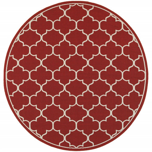 8' x 8' Red and Ivory Round Indoor Outdoor Area Rug