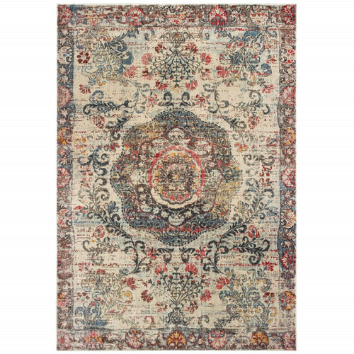 5’X8’ Ivory Distressed Medallion Area Rug