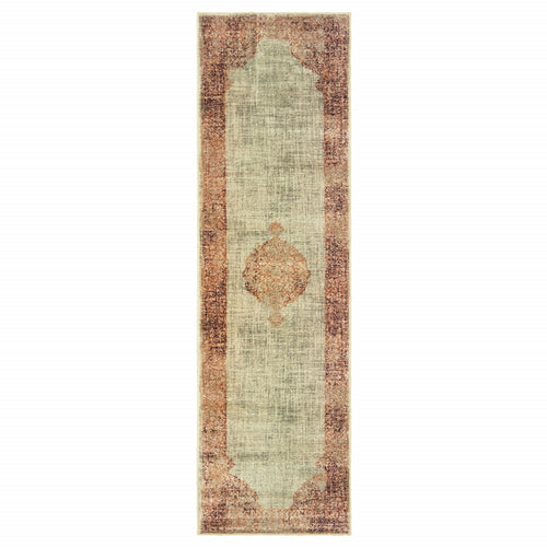 2’X8’ Ivory And Pink Medallion Runner Rug