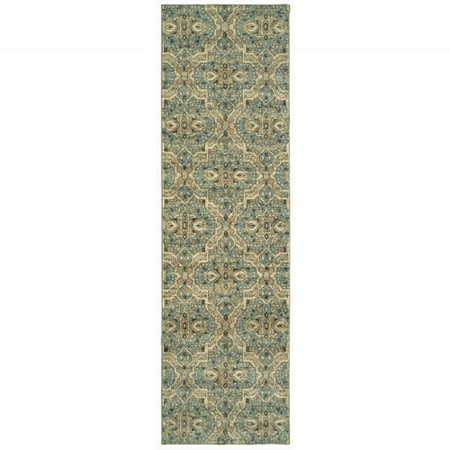 2’X8’ Ivory And Blue Geometric Runner Rug