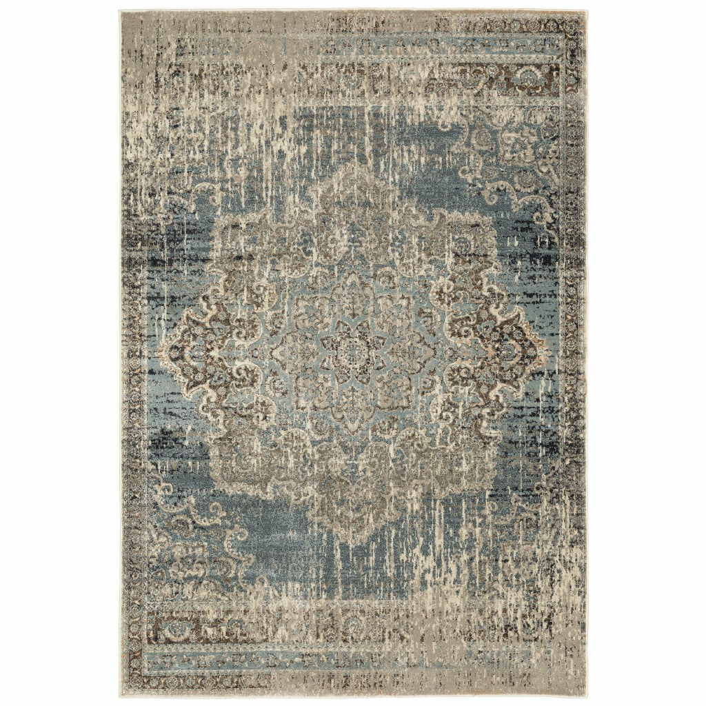 7’X10’ Blue And Ivory Medallion Area Rug