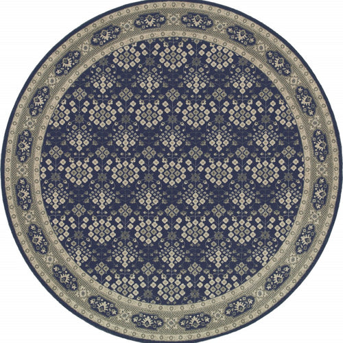 8’ Round Navy And Gray Floral Ditsy Area Rug