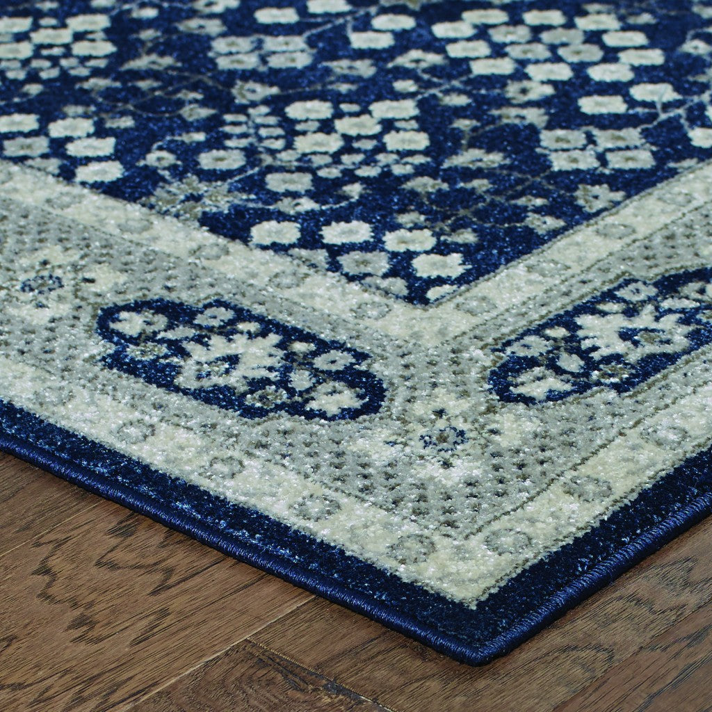 8’ Round Navy And Gray Floral Ditsy Area Rug