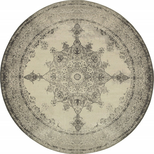 8’ Round Ivory And Gray Pale Medallion Area Rug