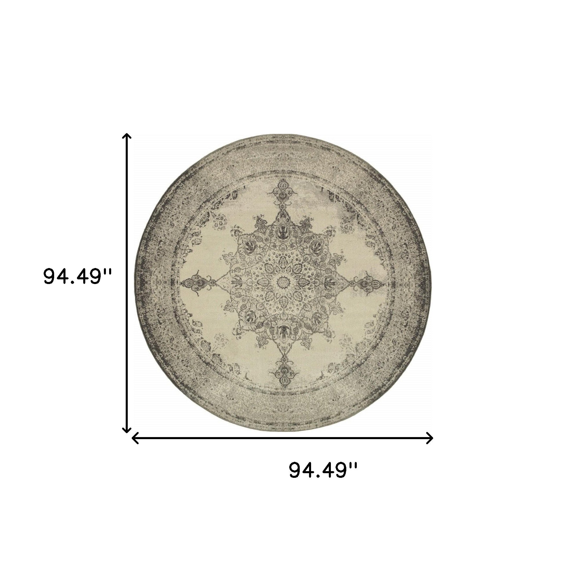 8’ Round Ivory And Gray Pale Medallion Area Rug