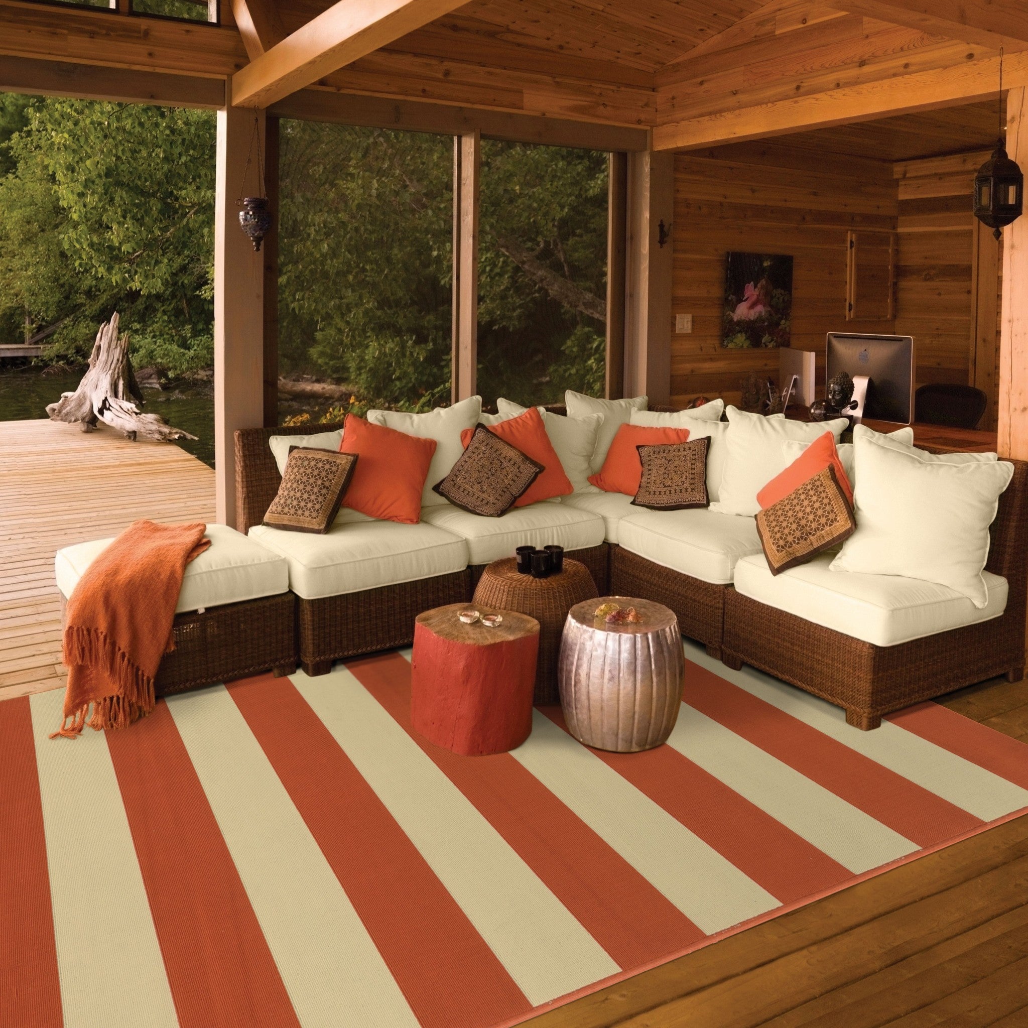 5' x 8' Orange and Ivory Indoor Outdoor Area Rug