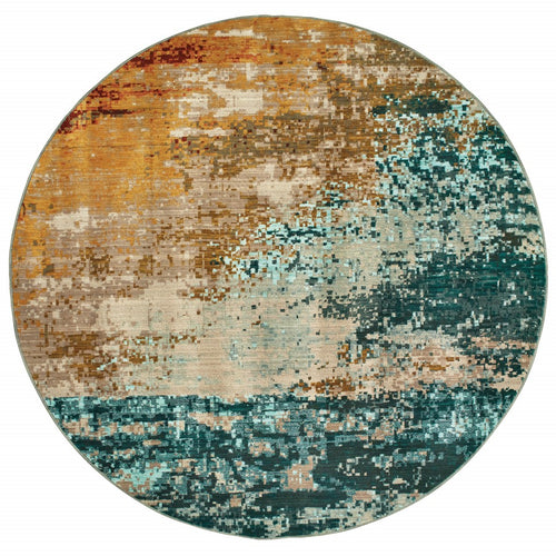 8’ Round Blue And Red Distressed Area Rug