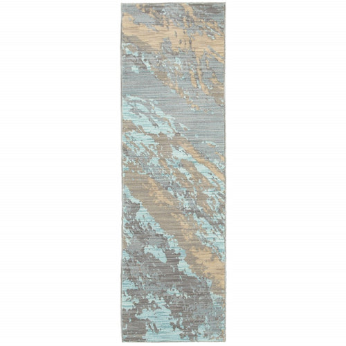 2’X8’ Blue And Gray Abstract Impasto Runner Rug