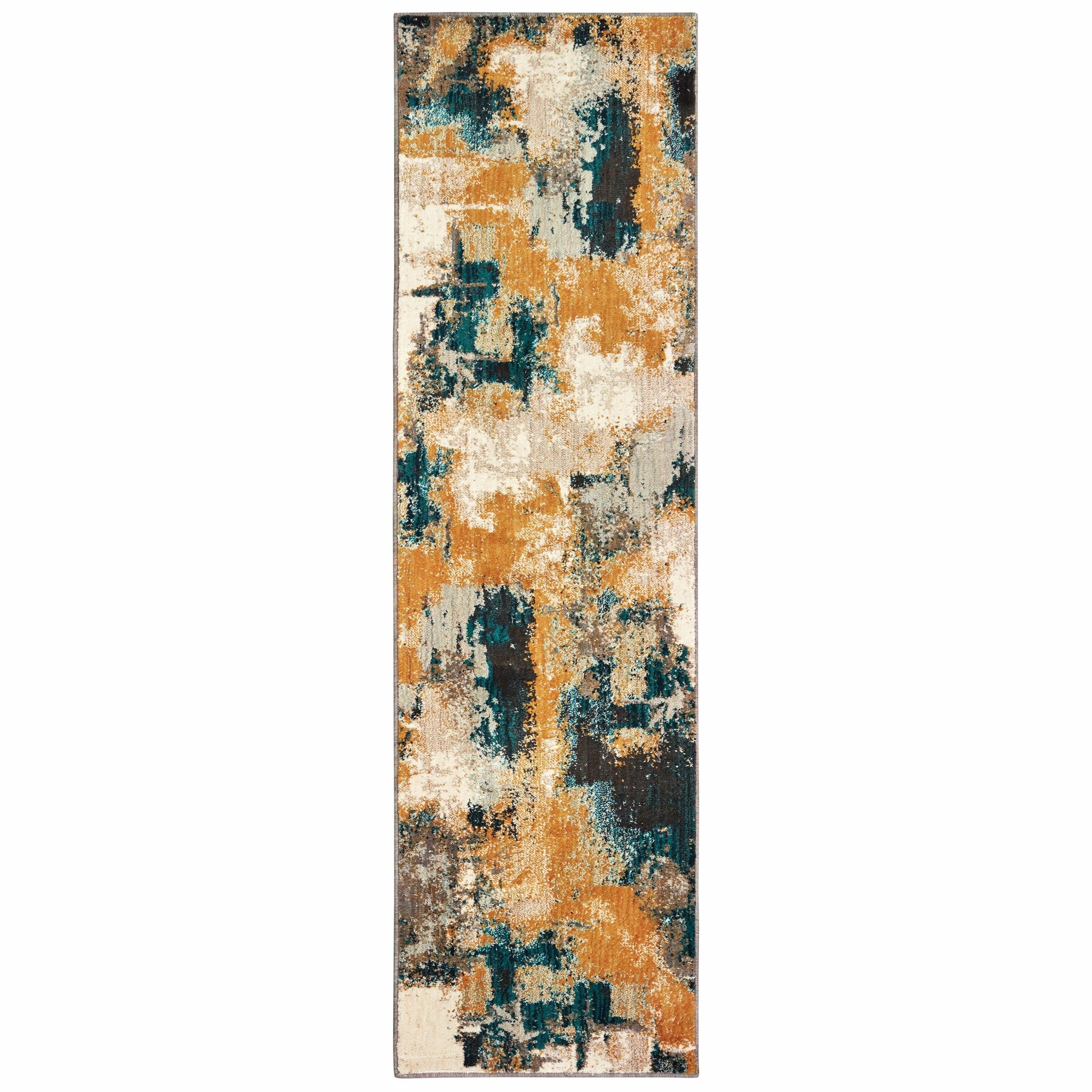 2’X8’ Blue And Gold Abstract Strokes Runner Rug