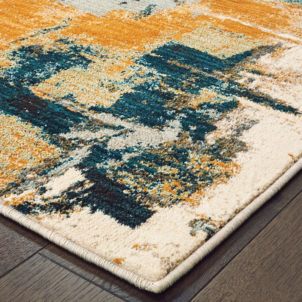 2’X8’ Blue And Gold Abstract Strokes Runner Rug