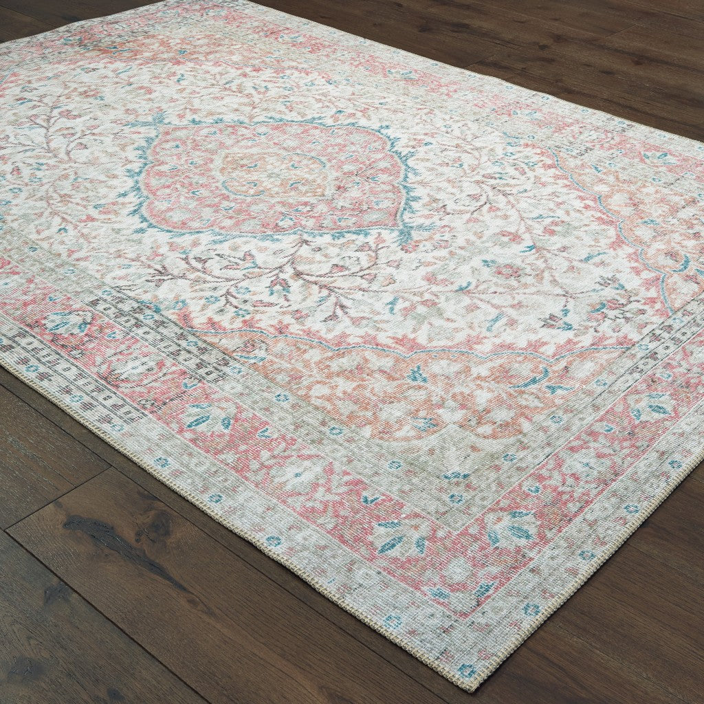 4’X6’ Ivory And Pink Oriental Area Rug