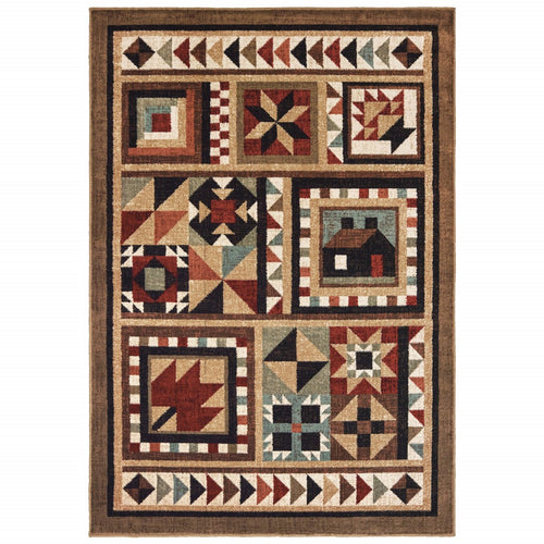 7’X9’ Brown And Red Ikat Patchwork Area Rug