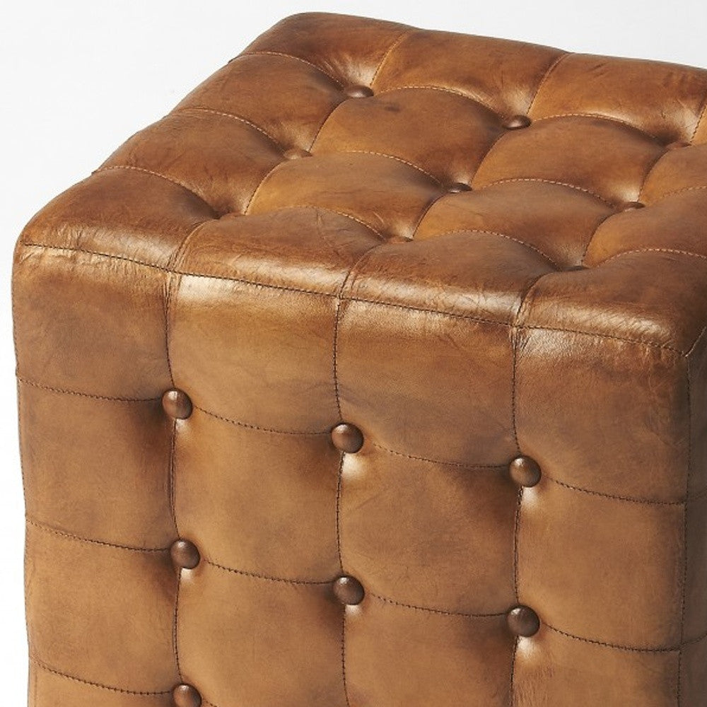 16" Brown Faux Leather Cube Ottoman