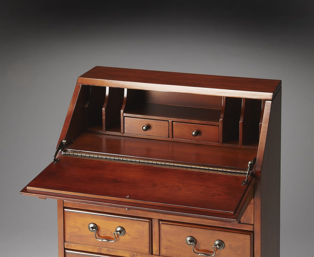 26" Brown Rubberwood Wood Secretary Desk With Five Drawers