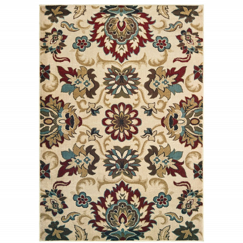 5’X7’ Ivory And Red Floral Vines Area Rug