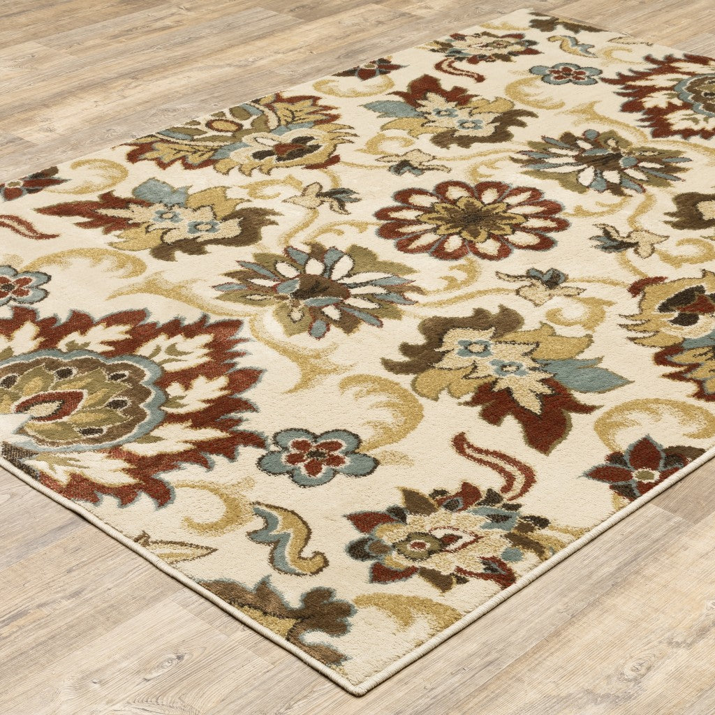 5’X7’ Ivory And Red Floral Vines Area Rug