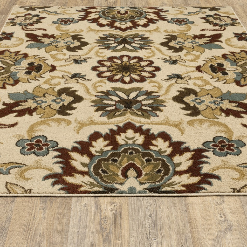 5’X7’ Ivory And Red Floral Vines Area Rug