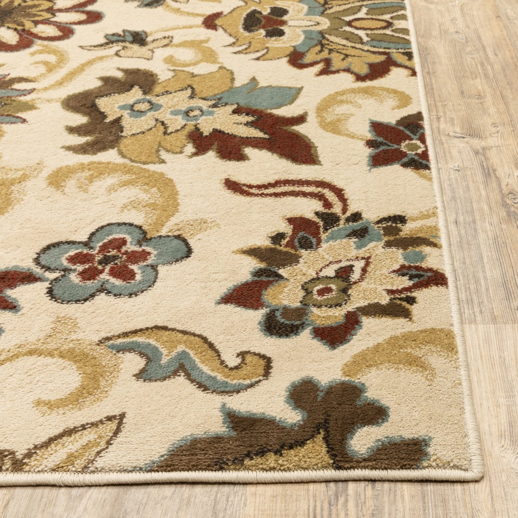 7’X9’ Ivory And Red Floral Vines Area Rug