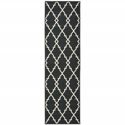 2' X 8' Black and Ivory Indoor Outdoor Area Rug