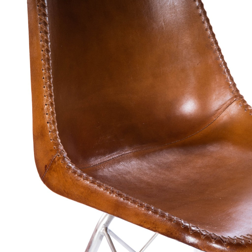 19" Brown And Silver Faux Leather Side Chair