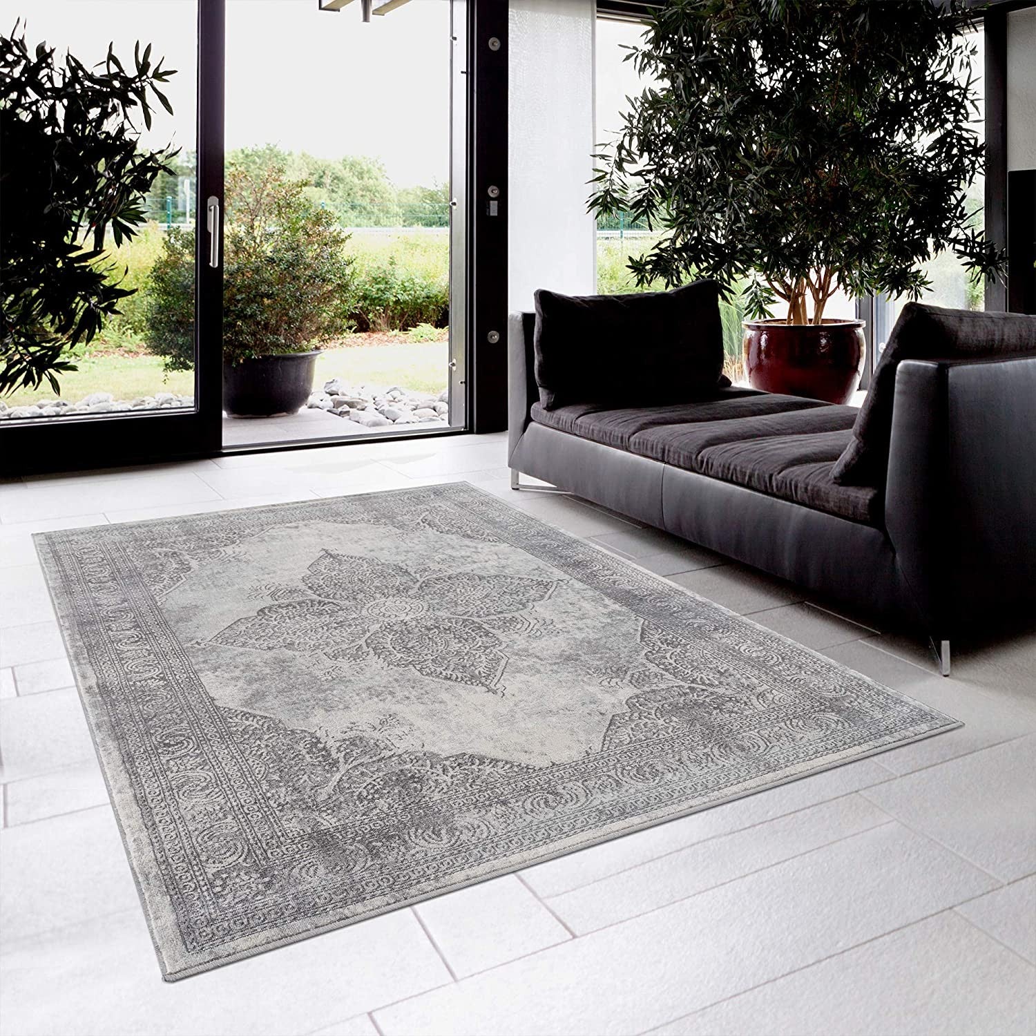 2’ X 6’ Gray Distressed Medallion Area Rug