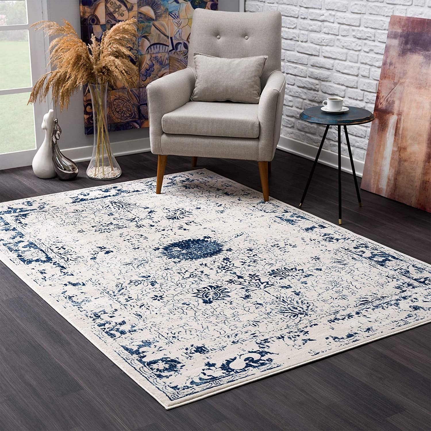 2’ X 5’ Navy Blue Distressed Floral Area Rug