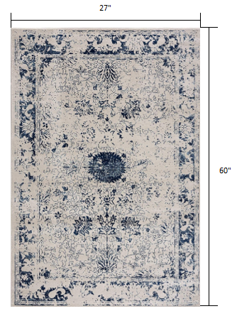 2’ X 5’ Navy Blue Distressed Floral Area Rug