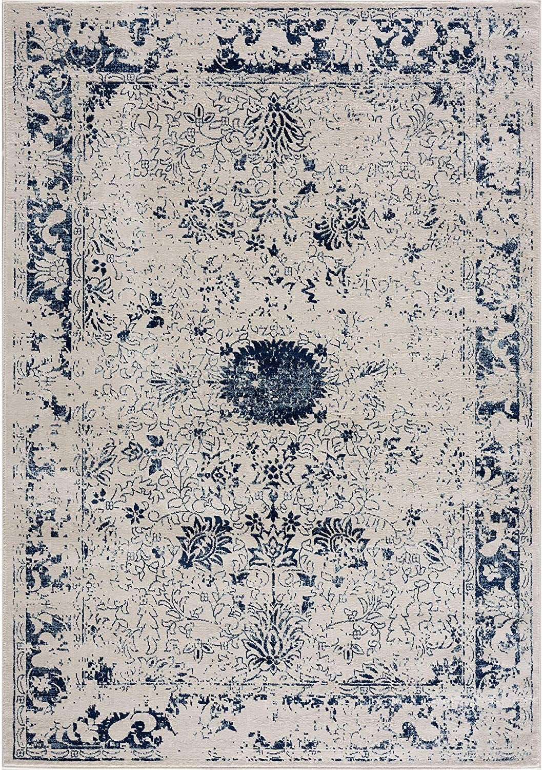 4’ X 6’ Navy Blue Distressed Floral Area Rug