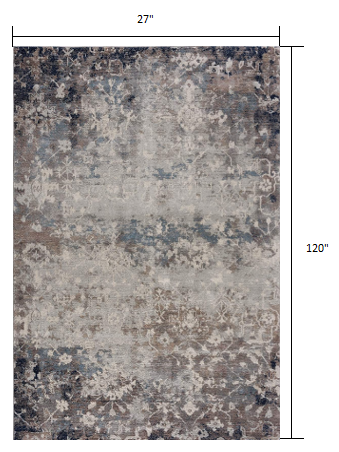 2’ X 10’ Navy And Beige Distressed Vines Runner Rug