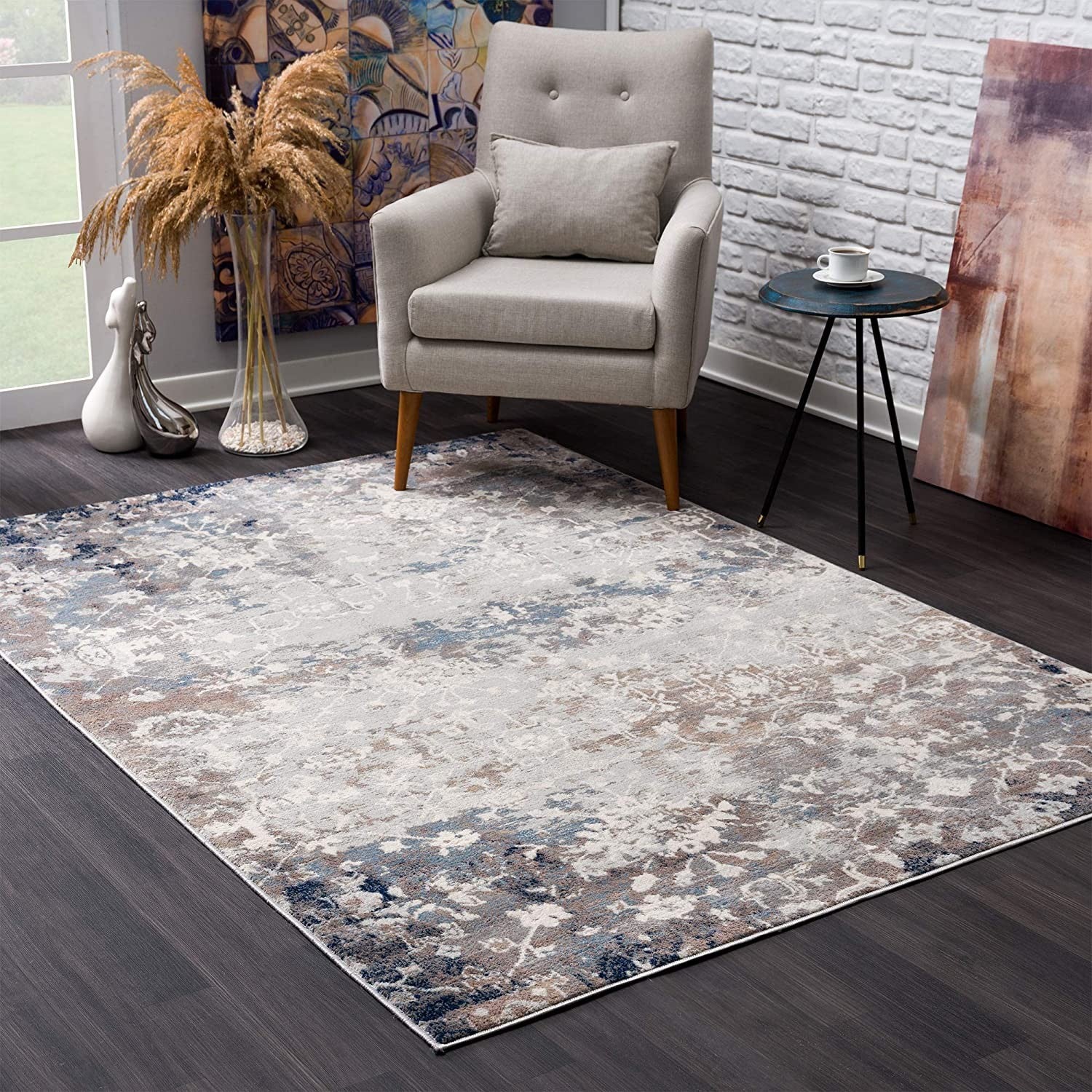 2’ X 5’ Navy And Beige Distressed Vines Area Rug