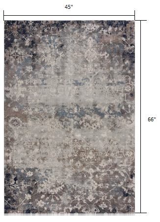 4’ X 6’ Navy And Beige Distressed Vines Area Rug