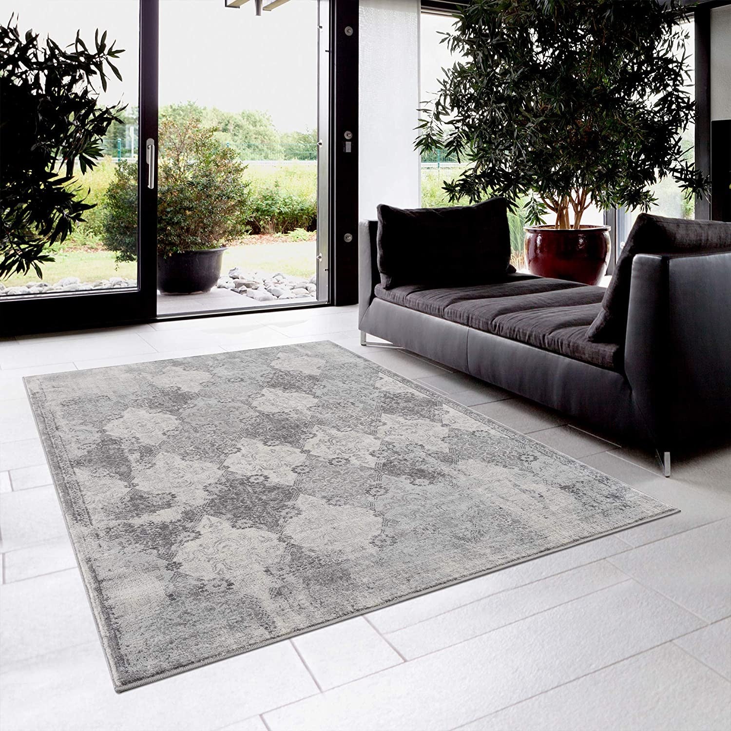 2’ X 8’ Gray Distressed Trellis Pattern Runner Rug