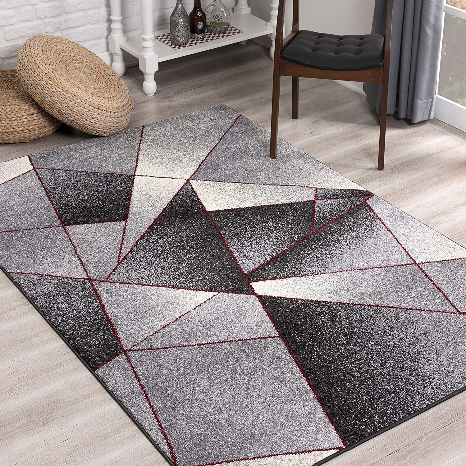 7' X 9' Grey Red Geometric Area Rug