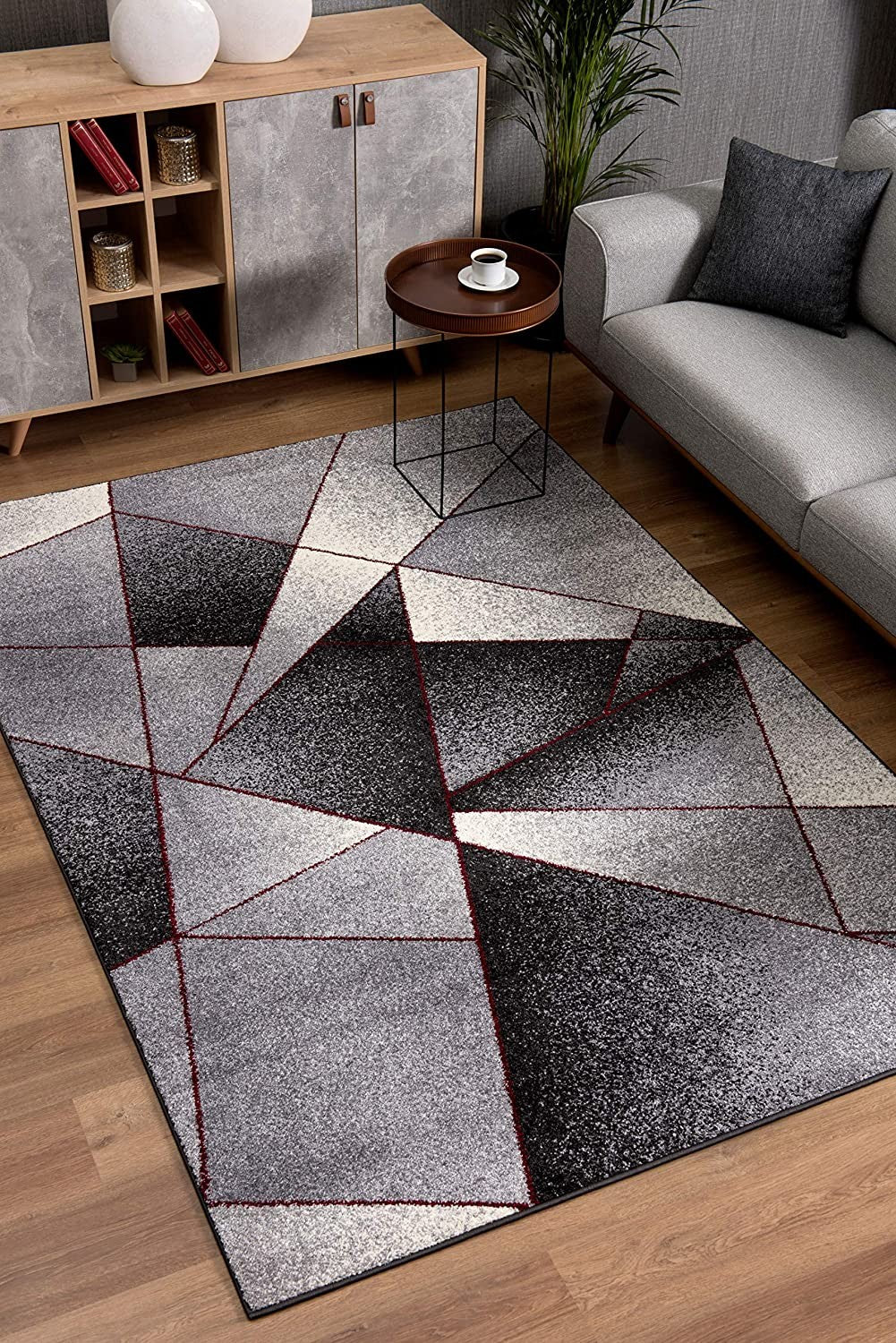 7' X 9' Grey Red Geometric Area Rug