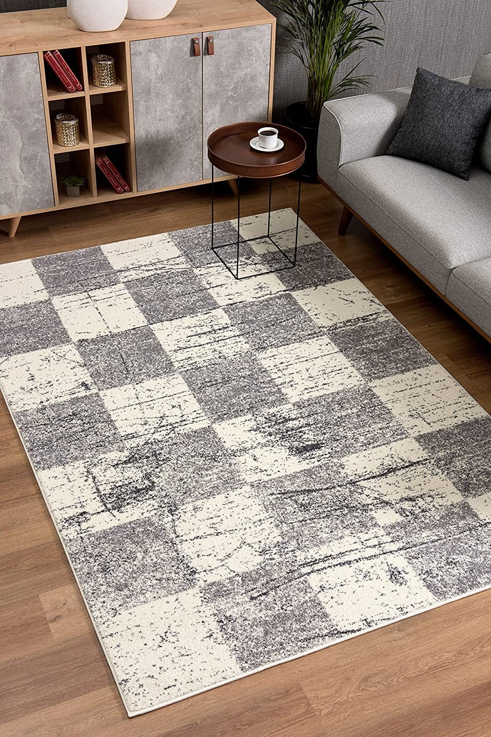 5' White Round Checkered Power Loom Area Rug