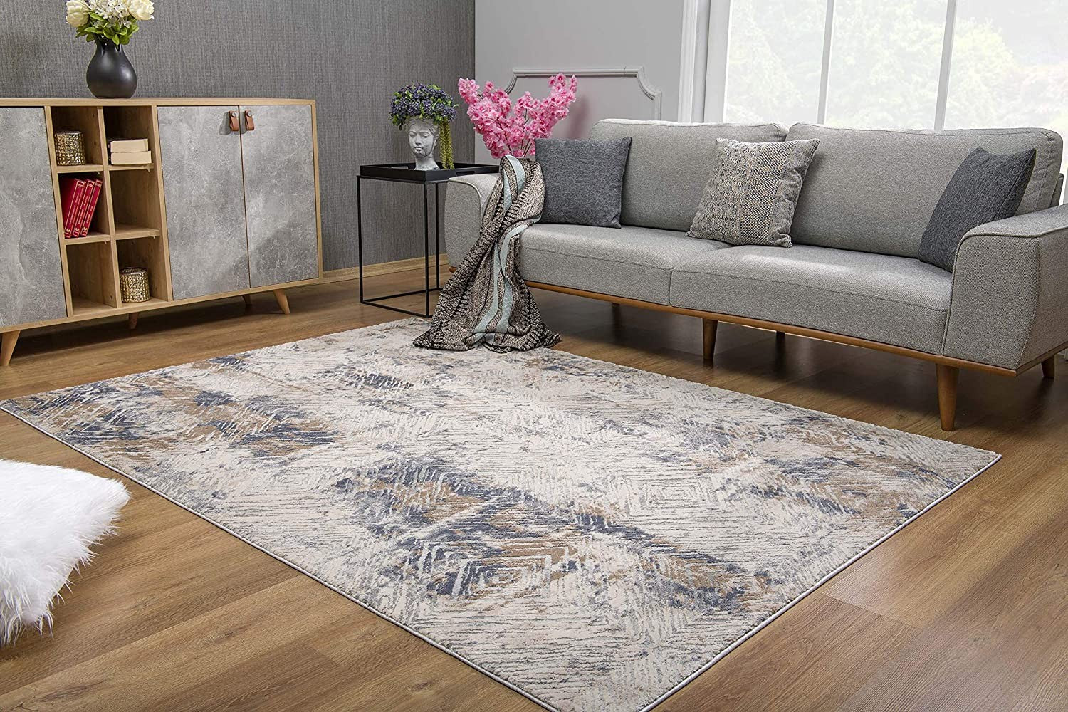 3' X 5' Beige Abstract Printed Area Rug