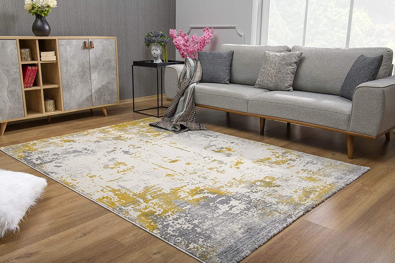 9’ x 13’ Gold and Gray Abstract Area Rug