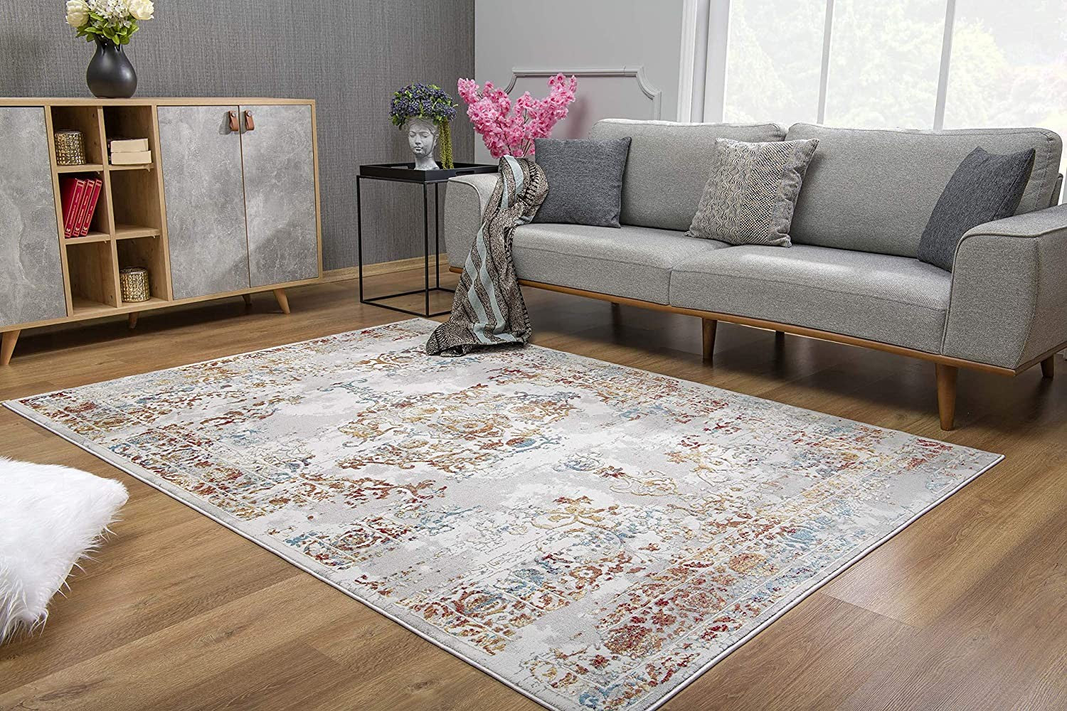 4’ X 6’ Gray And Beige Distressed Ornate Area Rug