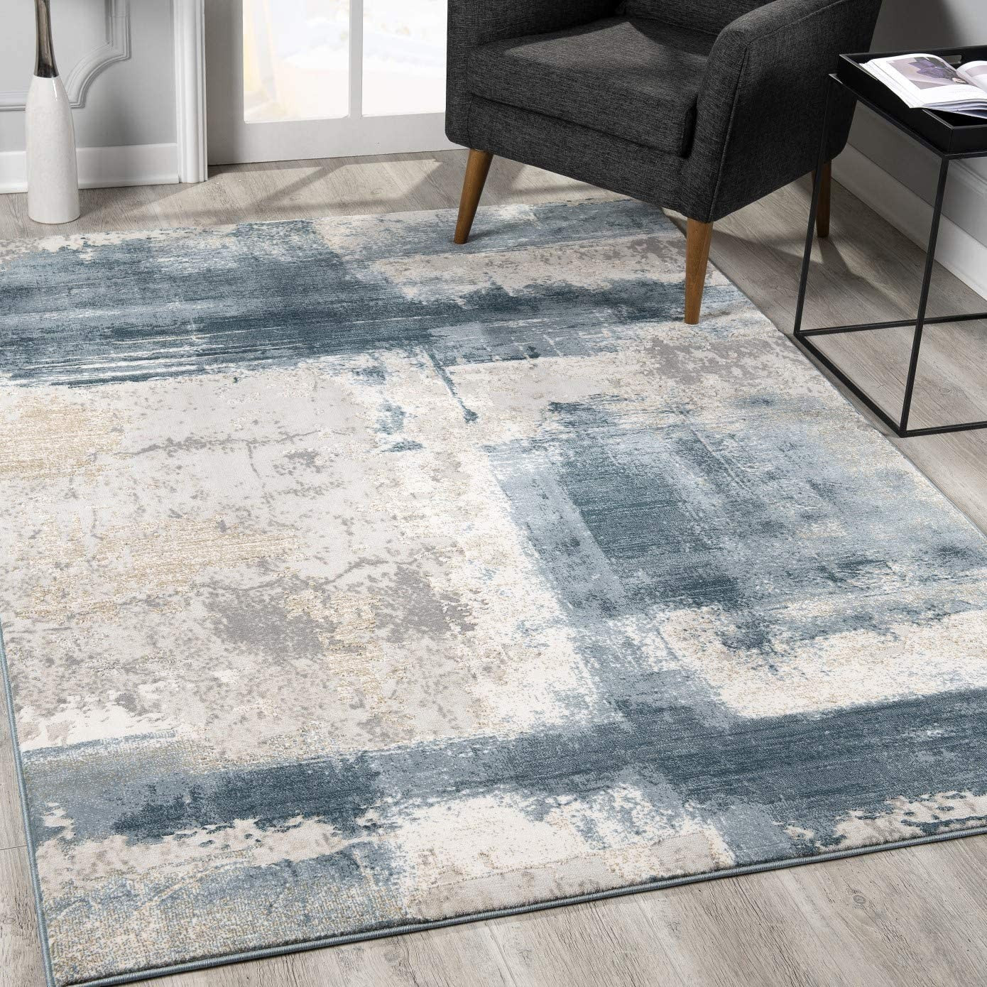 9’ X 12’ Cream And Blue Abstract Patches Area Rug