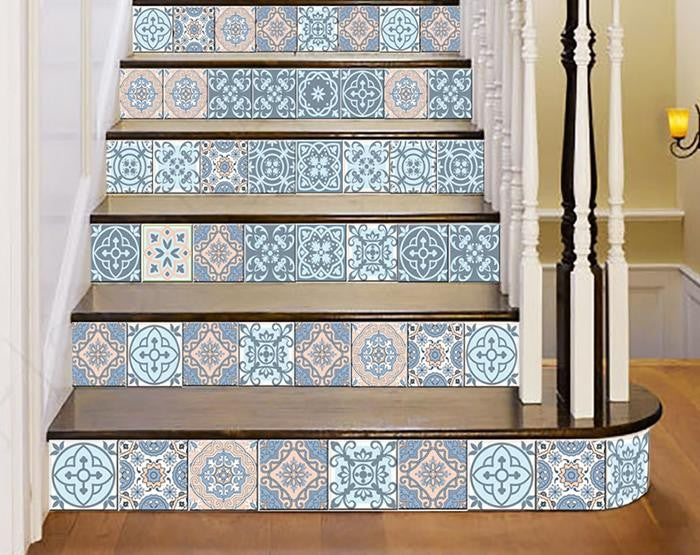 6" X 6" Baby Blue And Peach Mosaic Peel And Stick Removable Tiles