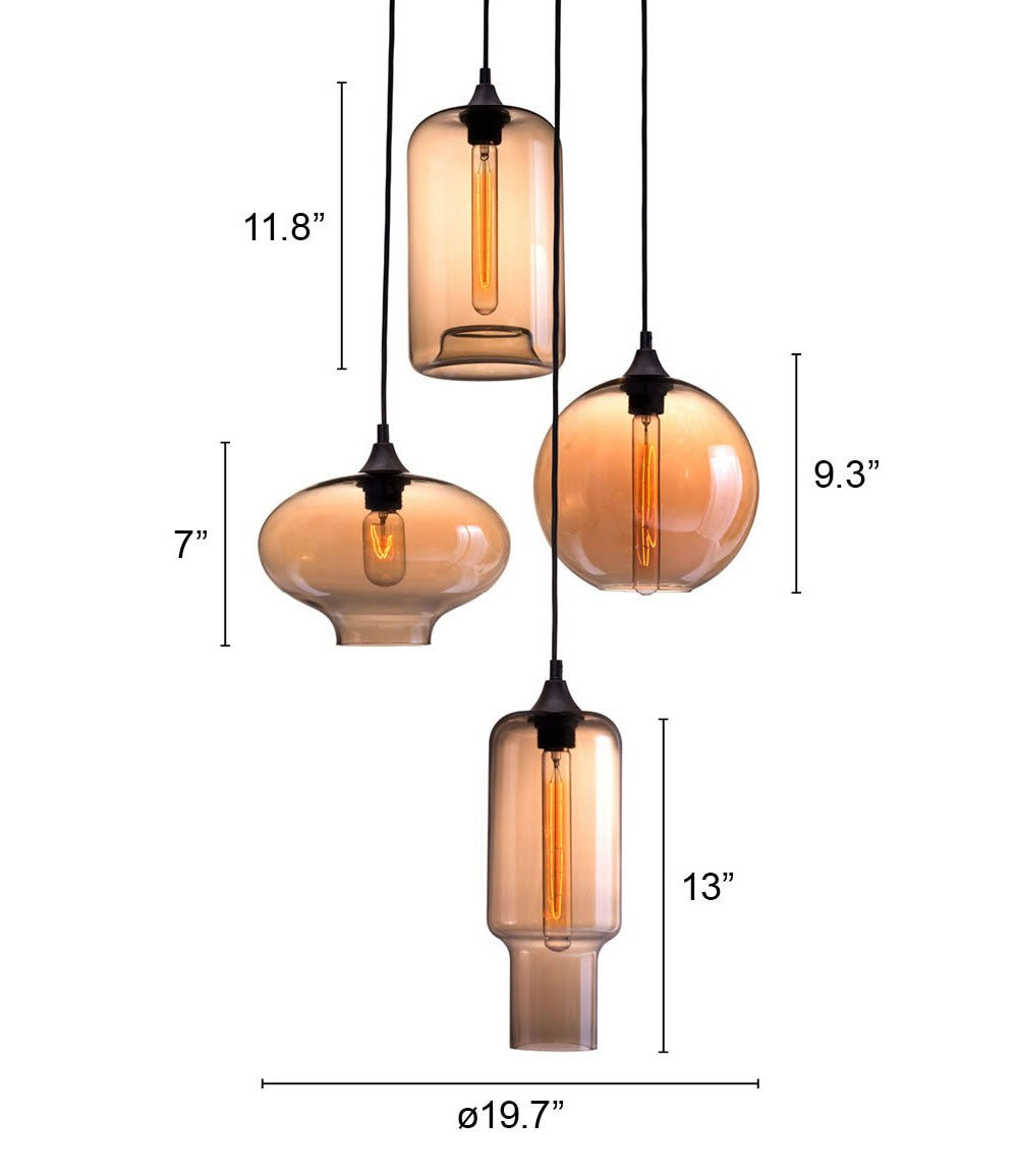 Lantern Globe Four Light Metal Edison Bulb Dimmable Ceiling Light With Amber Shades