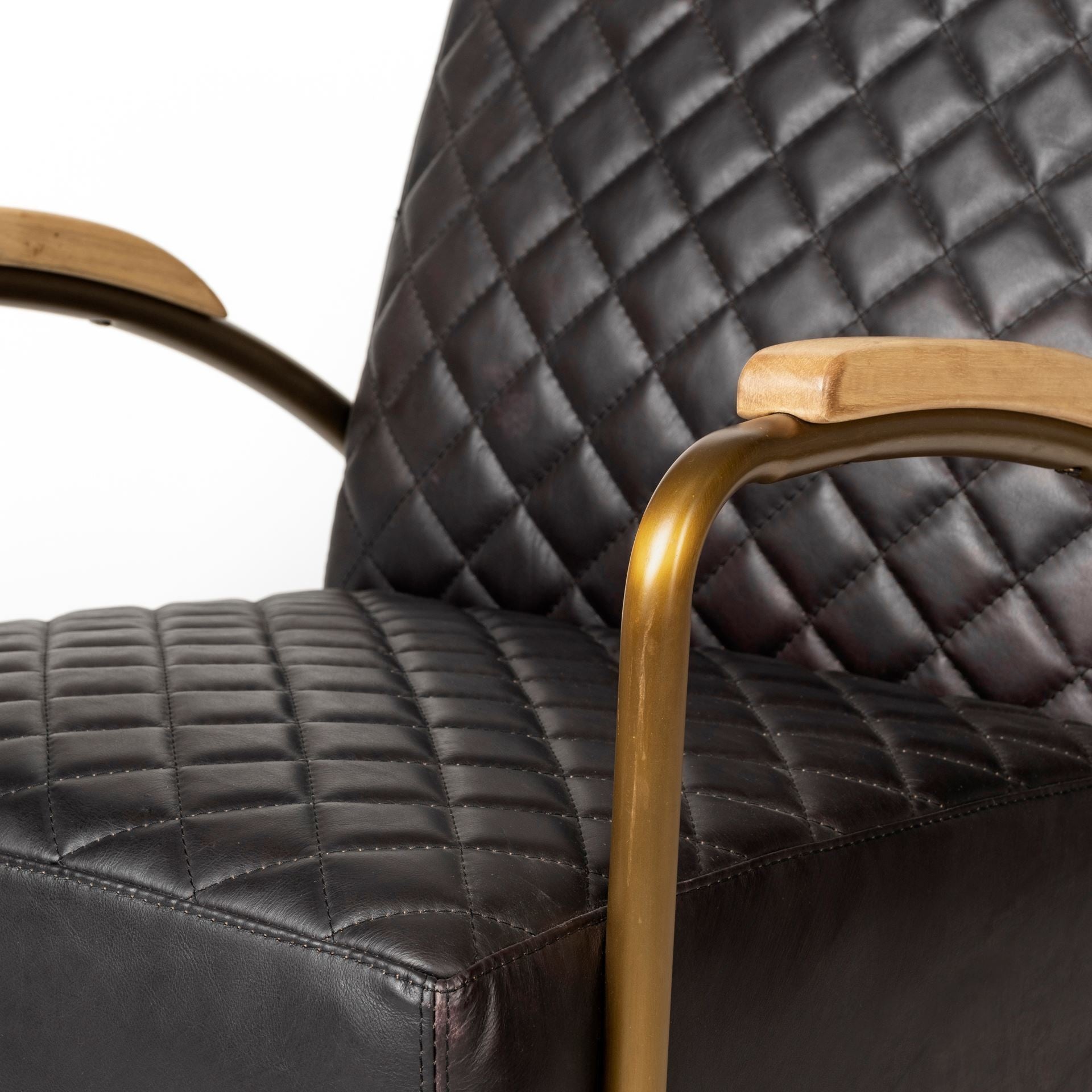 Black Leather Diamond Pattern Gold Club Chair