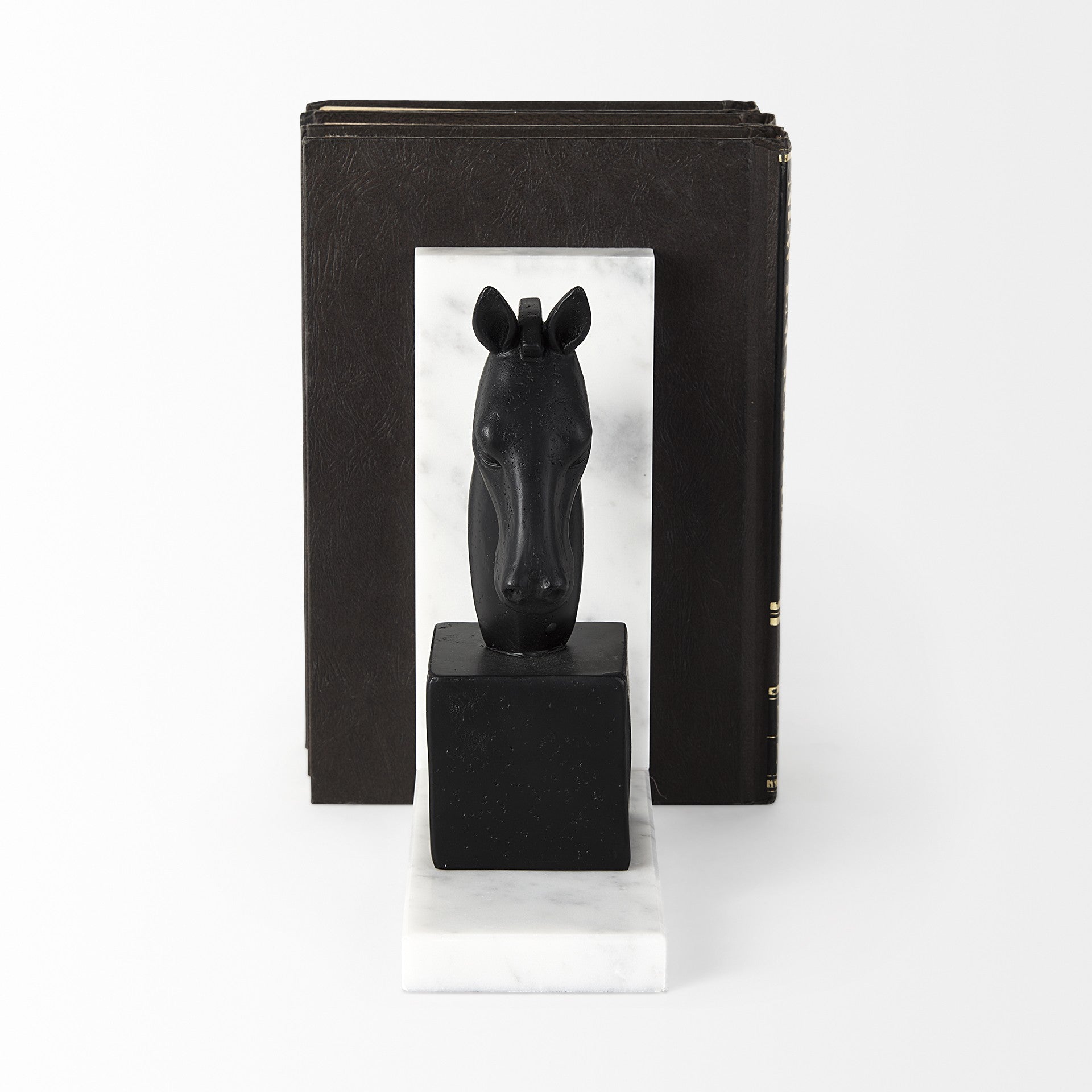 Black Stallion On White Marble Bookends