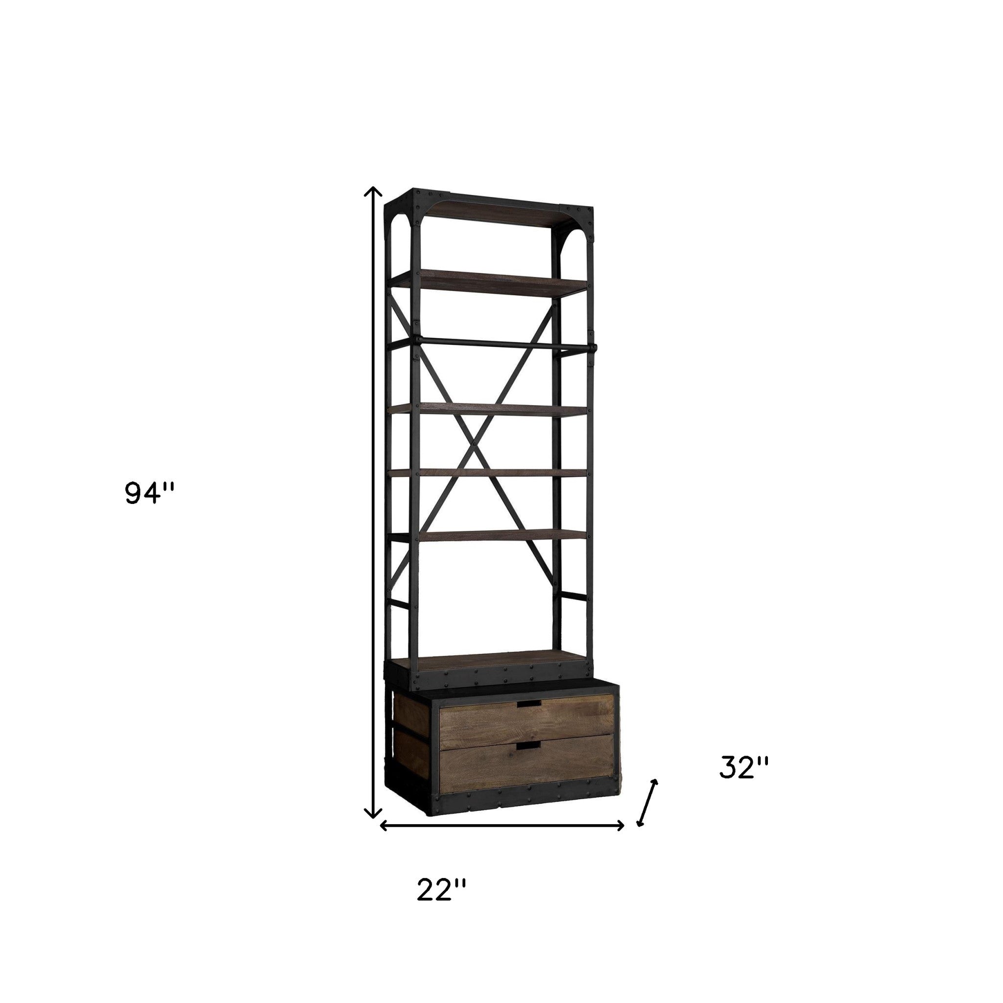 94" Black Iron Five Tier Standard Bookcase With Two Drawers