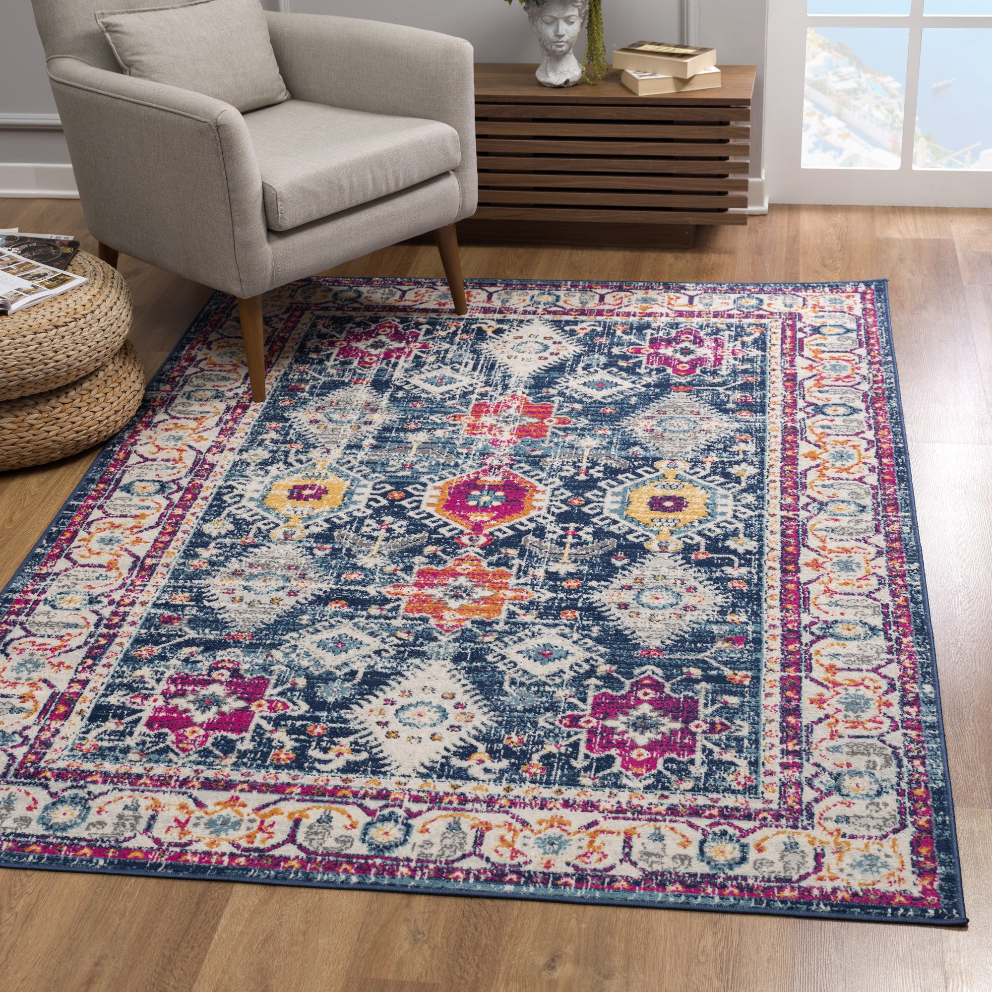 4' X 6' Navy Blue Oriental Dhurrie Area Rug