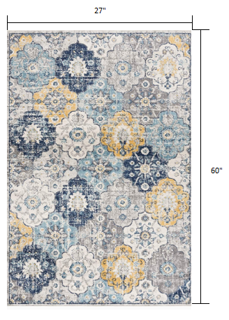 2' X 5' Blue Floral Dhurrie Area Rug