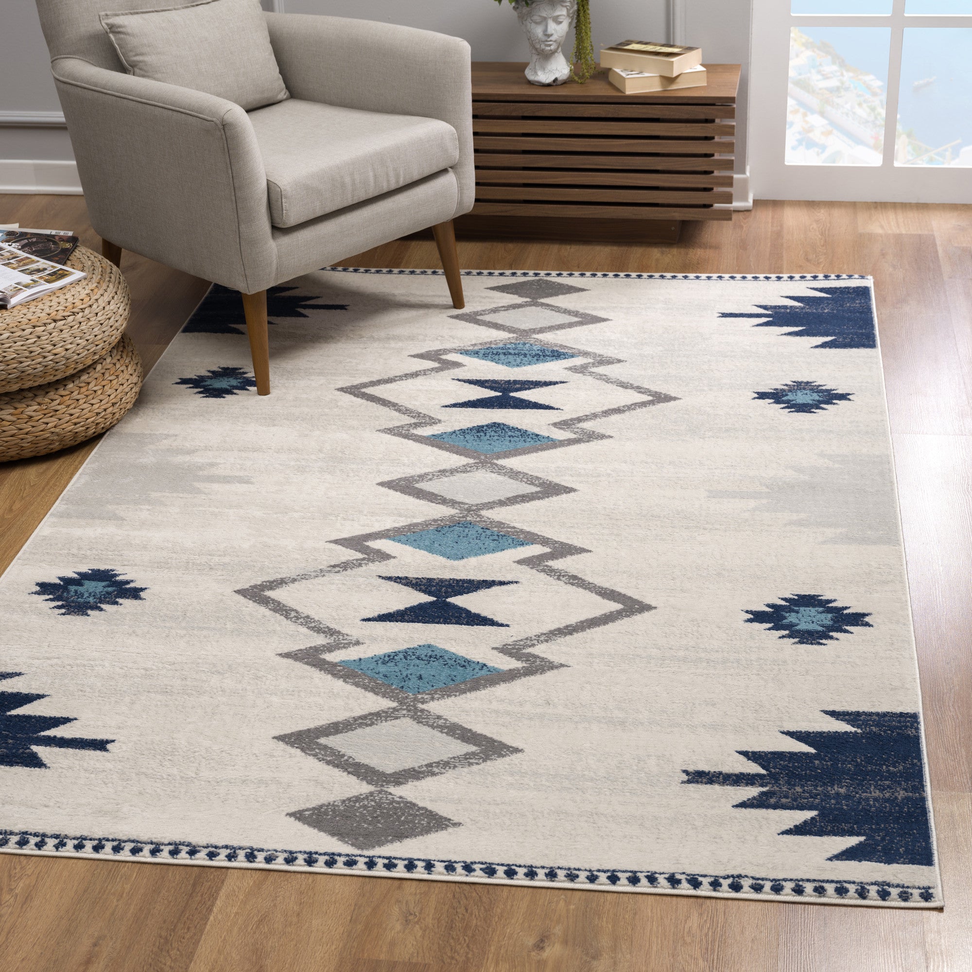 9’ x 13’ Navy and Ivory Tribal Pattern Area Rug