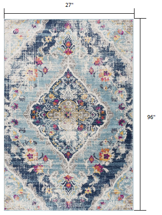 8' Blue Oriental Dhurrie Runner Rug