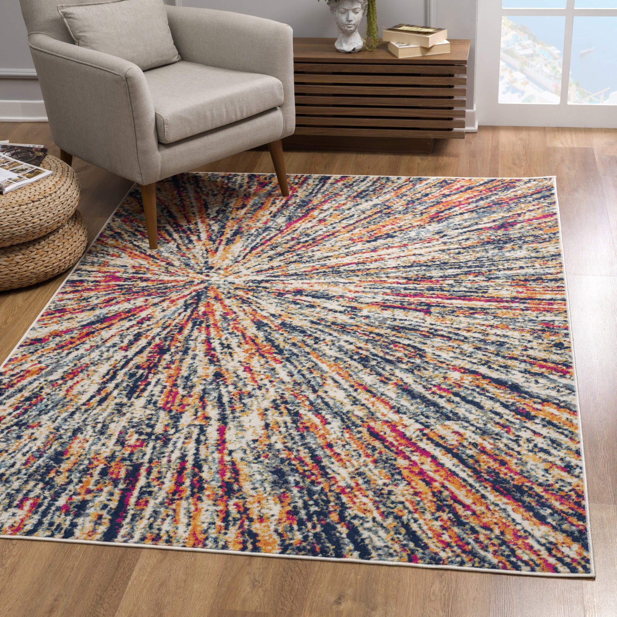 4’ X 6’ Cream Celestial Burst Abstract Area Rug