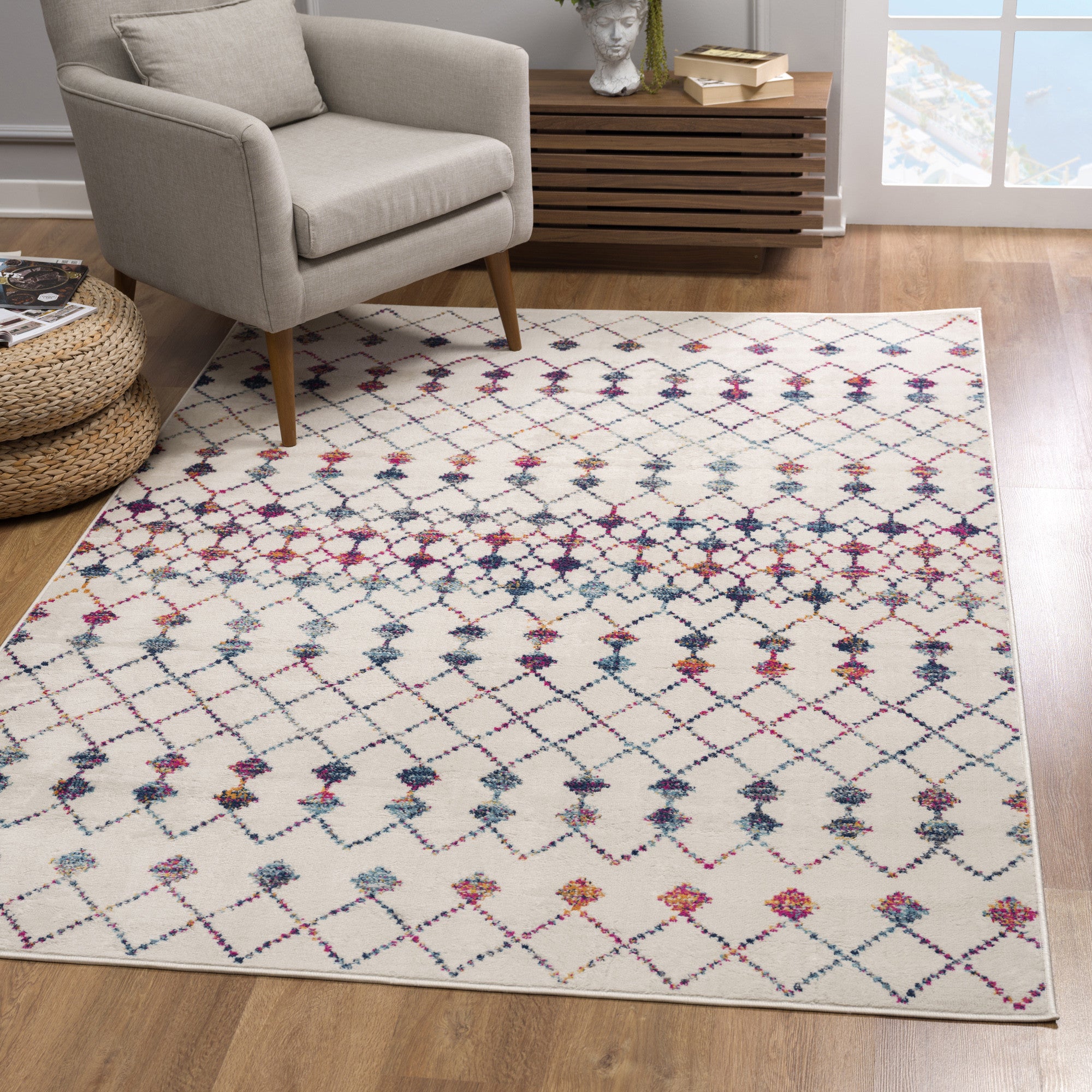 4’ X 6’ White Modern Geometric Grid Area Rug